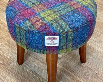 Tartan Harris Tweed Footstool with Dark Varnished Wooden Legs