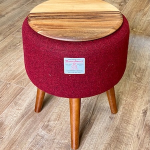 Deep Red Harris Tweed Side Table with Removable Wooden Top and Dark Varnished Wooden Legs