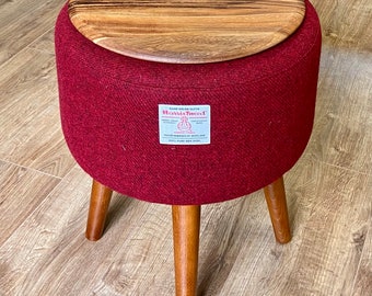 Deep Red Harris Tweed Side Table with Removable Wooden Top and Dark Varnished Wooden Legs