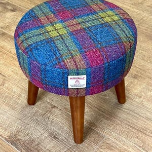 Tartan Harris Tweed Footstool with Dark Varnished Wooden Legs