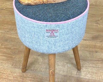 Scottish End Table, Grey Harris Tweed with Pink Piping, Rustic Wooden Legs and Olive Wood Top