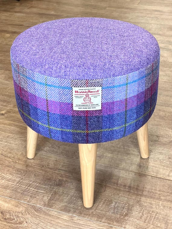 Tartan Lilac Footstool: Harris Tweed, Varnished Light Wooden Legs