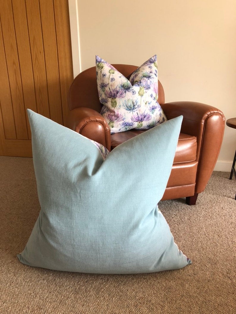 Watercolour Thistle with Duck Egg Blue Back /& Feather Insert Floor Cushion