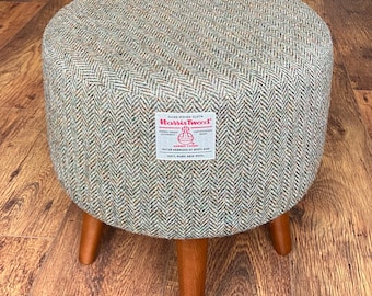 Brown Green Harris Tweed Herringbone Footstool with Dark Varnished Wooden Legs