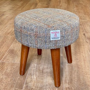 Harris Tweed Herringbone Overcheck Footstool with Dark Varnished Wooden Legs