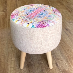 Paint Spray Velvet and Oatmeal Harris Tweed Footstool