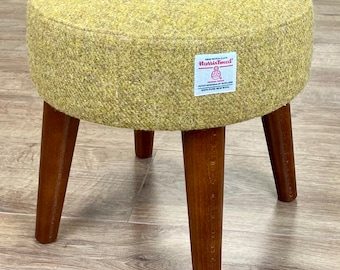 Mustard Harris Tweed Footstool with Dark Varnished Wooden Legs
