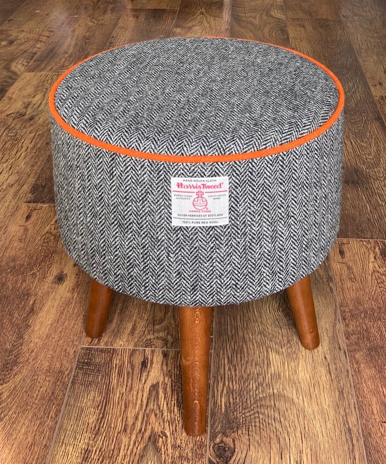Black White Herringbone Footstool With Orange Piping And Etsy