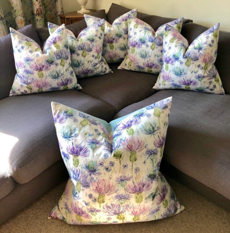 Watercolour Thistle with Duck Egg Blue Back /& Feather Insert Floor Cushion