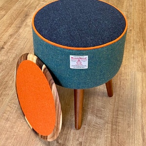 End Table, Navy and Green Harris Tweed with Vibrant Orange Piping and Removable Wooden Top