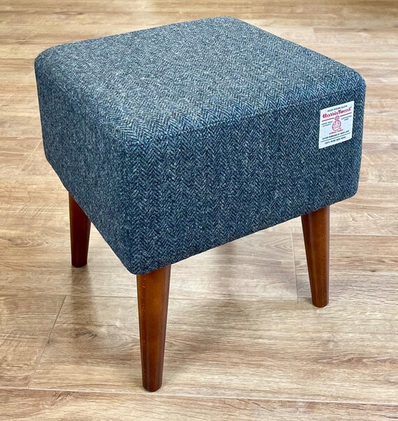 Square Footstool Charcoal Harris Tweed Herringbone With Dark