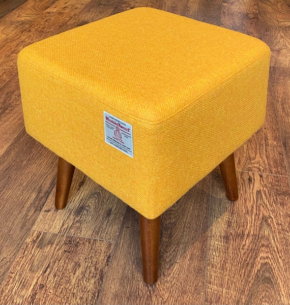 Large Square Footstool Yellow Harris Tweed With Dark Varnished