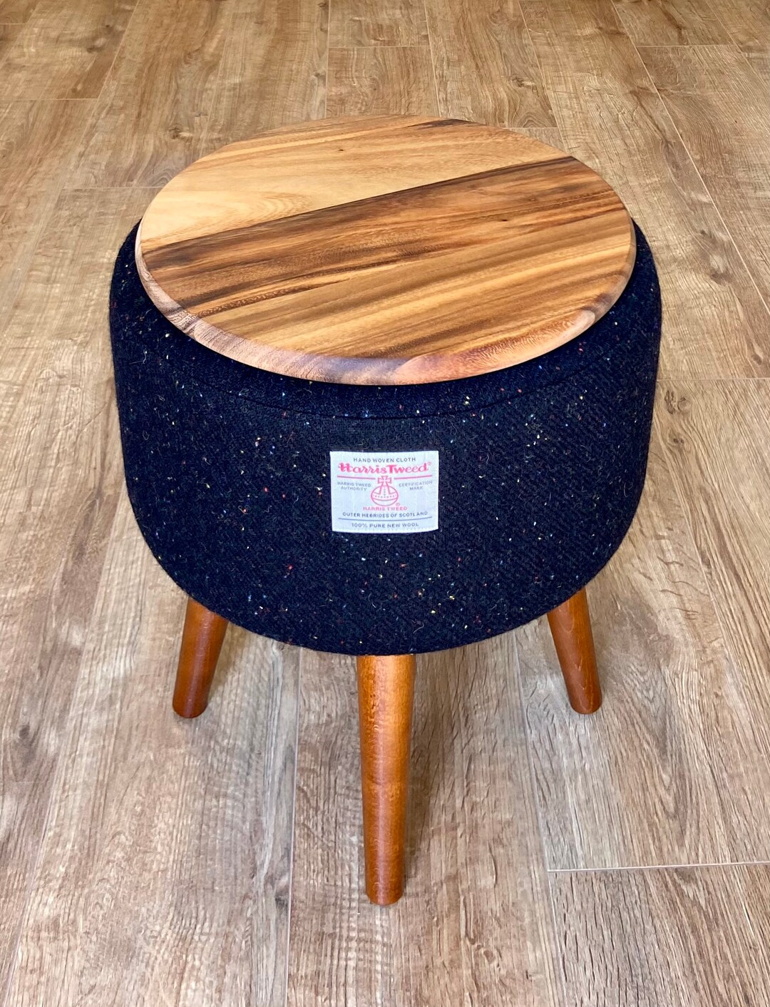 Side Table, Black Speckled Harris Tweed With Removable Wooden Top
