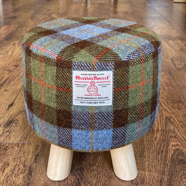 Multicoloured Tartan Harris Tweed Footstool with Varnished Wooden Legs