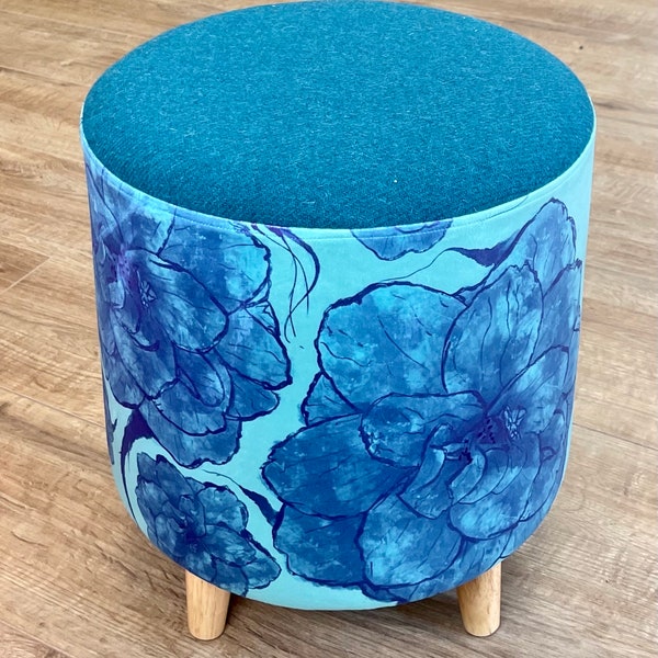 Camellia Flower Velvet and Harris Tweed Blue Footstool with Tiny Wooden Legs