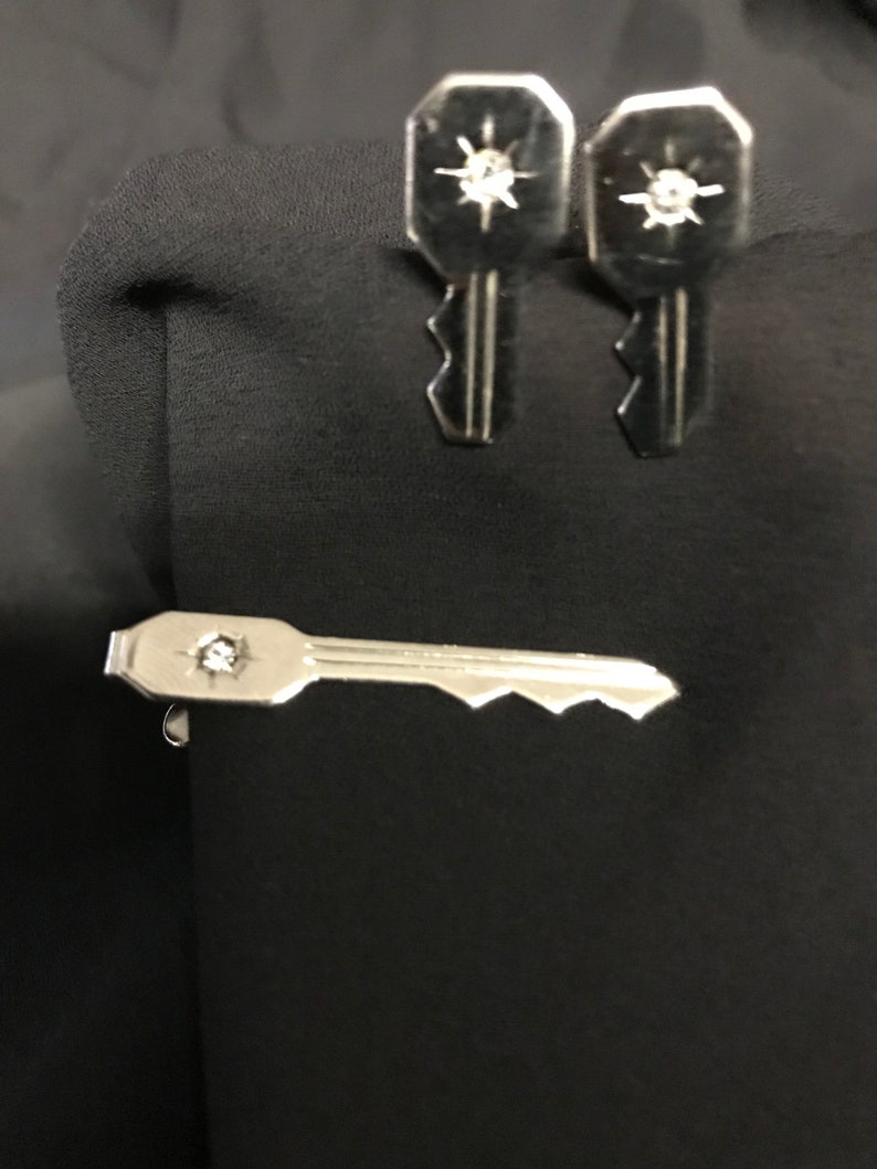 Silver Tone Key Shaped Cuffing and Tie Tack