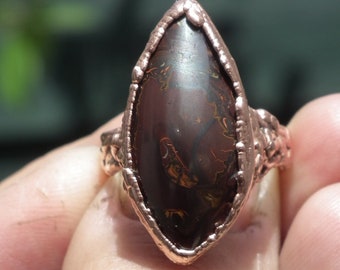 Electroformed copper koroit boulder opal ring