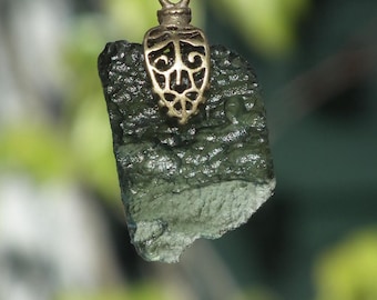Genuine raw Moldavite pendant Bronze bail  // With certificate