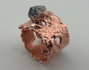 Electroformed Copper Herkimer Diamond Ring Raw Crystal Solitaire Bohemian Artisan Gemstone Jewelry