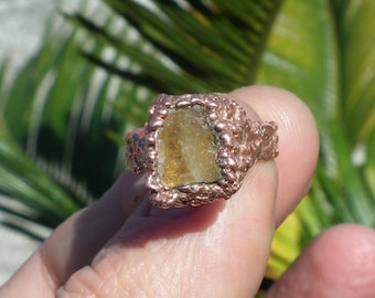 Electroformed  copper Raw honey calcite ring