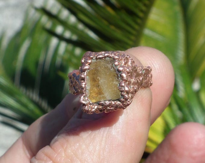 Electroformed  copper Raw honey calcite ring