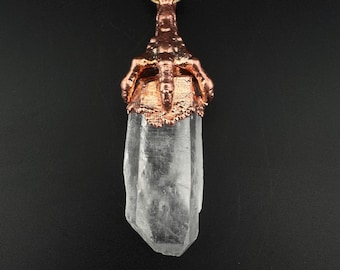 Copper Dragon Claw Clear Quartz Crystal Wrapped Stone Pendant Boho Spiritual Meditation Accessory