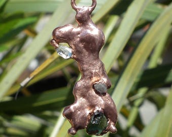 Electroformed Copper moldavite pendant with Herkimer Diamond