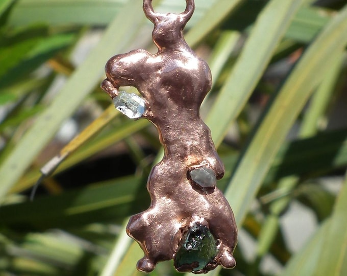 Electroformed Copper moldavite pendant with Herkimer Diamond