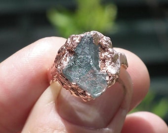 Electroformed  Copper celestite ring / rough celestite