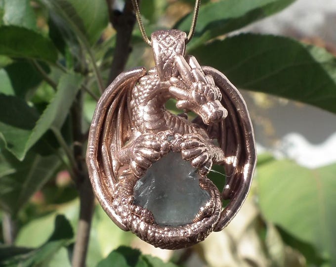 Featured listing image: Electroformed Dragon Necklace with Celestite Crystal Copper Pendant Handmade Fantasy Jewelry