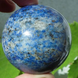 May include: A polished, spherical lapis lazuli gemstone. The stone is a deep blue color with white and gold flecks throughout. The sphere is held in a hand, with a green leafy background.