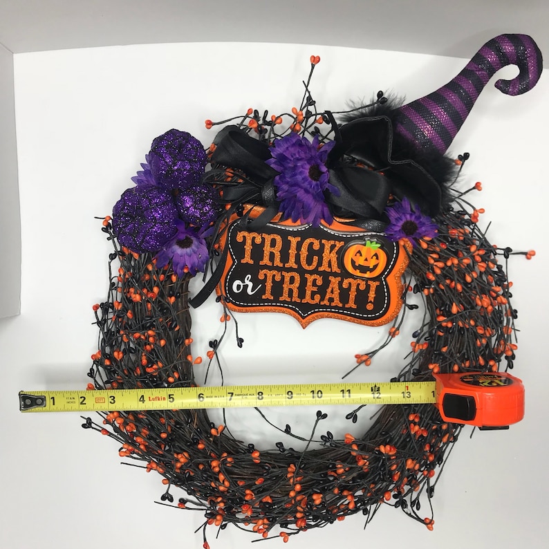 Trick or Treat Halloween Wreath with purple pumpkins and witches hat!