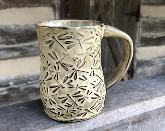 Dragonfly Pottery mug with dancing dragonflies made to order