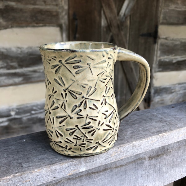 Set of FOUR Dragonfly Pottery mugs with dancing dragonflies **Made to Order**