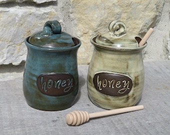 Honey Pot, honeypot handmade pottery honey jar with text made to order