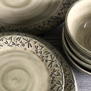 Dragonfly pottery  12 piece dinnerware set with embossed dragonflies service for four. Made to order