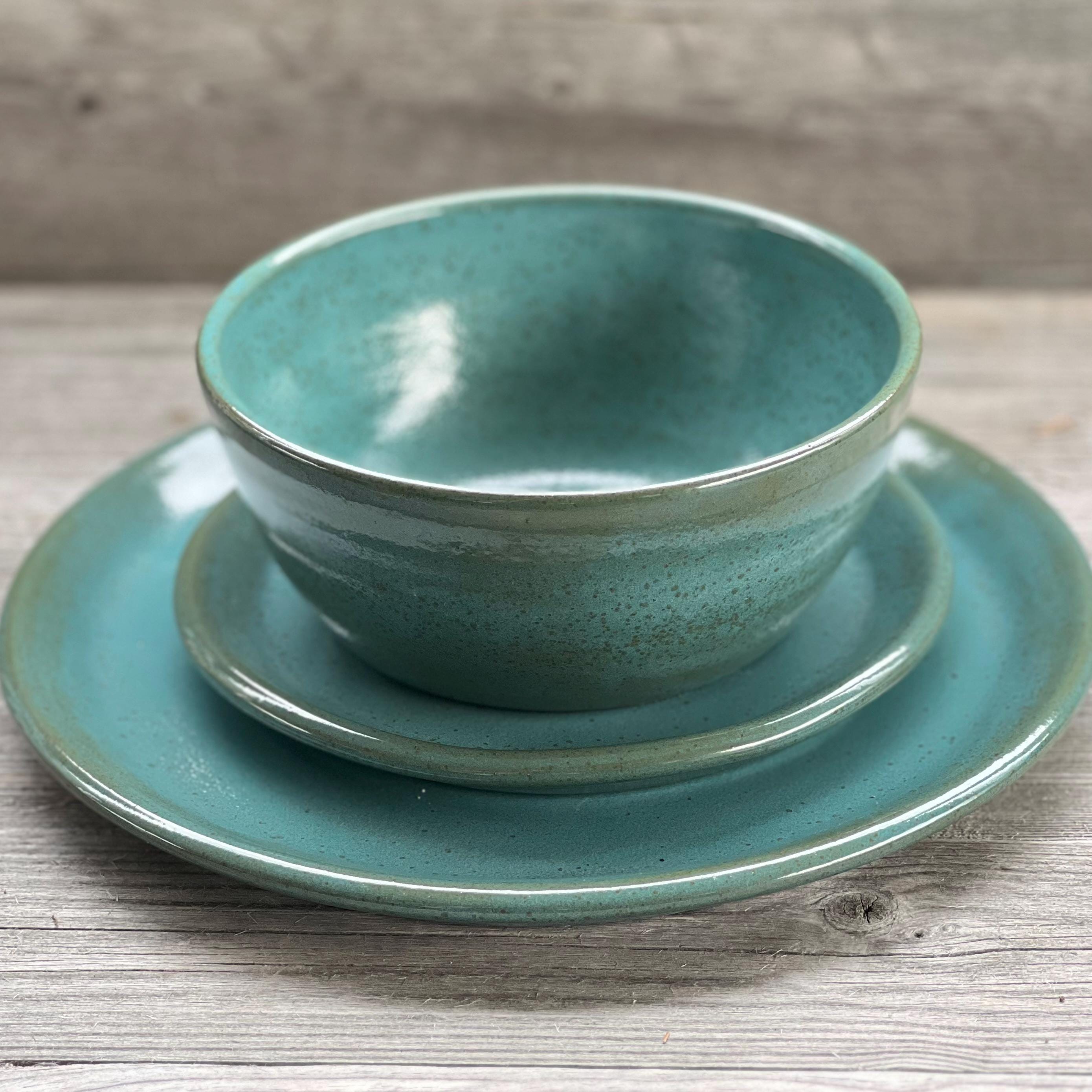 Pottery Dinnerware 3 pc place setting  Tourmaline on dark brown clay **Made to Order**