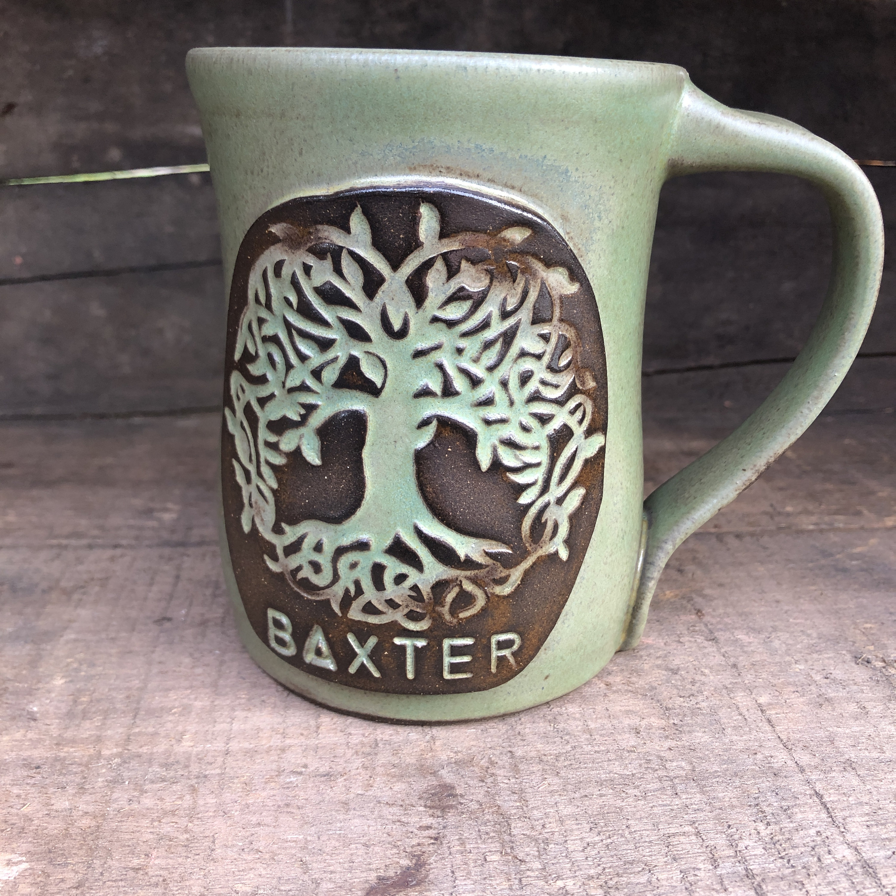Celtic Tree of Life Pottery Mug With Roots Green Tea Glaze Etsy