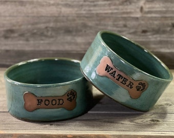 Set of TWO Pottery dog dishes, dog food and water bowls made to order