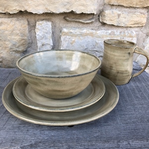 Pottery dinnerware set - 3 or 4pc handmade pottery dishes, glazed on dark clay made to order