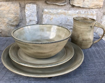 Pottery dinnerware set - 3 or 4pc handmade pottery dishes, glazed on dark clay made to order