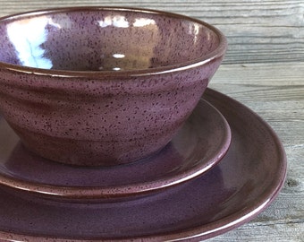 3 piece Purple Pottery Dinnerware handmade dishes made to order