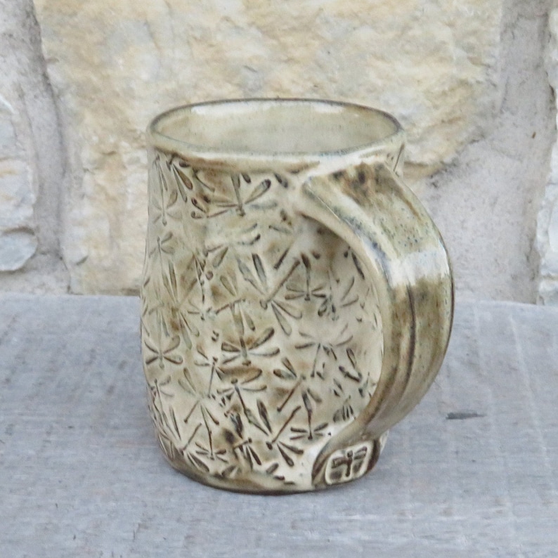 Dragonfly pottery mug with embossed dragonflies