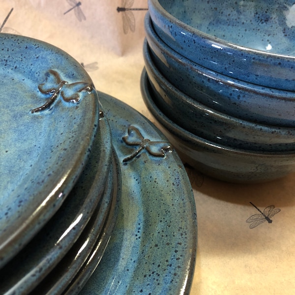 Dragonfly Pottery Dinnerware, Stoneware, Wheel Thrown Place Setting for Four **Made to Order**