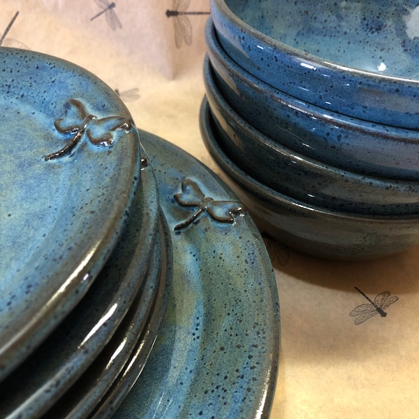 Dragonfly Pottery Dinnerware, Stoneware, Wheel Thrown Place Setting for Four made to order