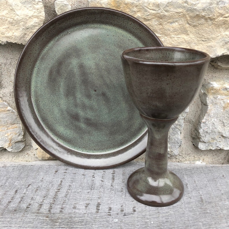 Communion plate and chalice set. Handmade Pottery Made to Order Iron Lustre