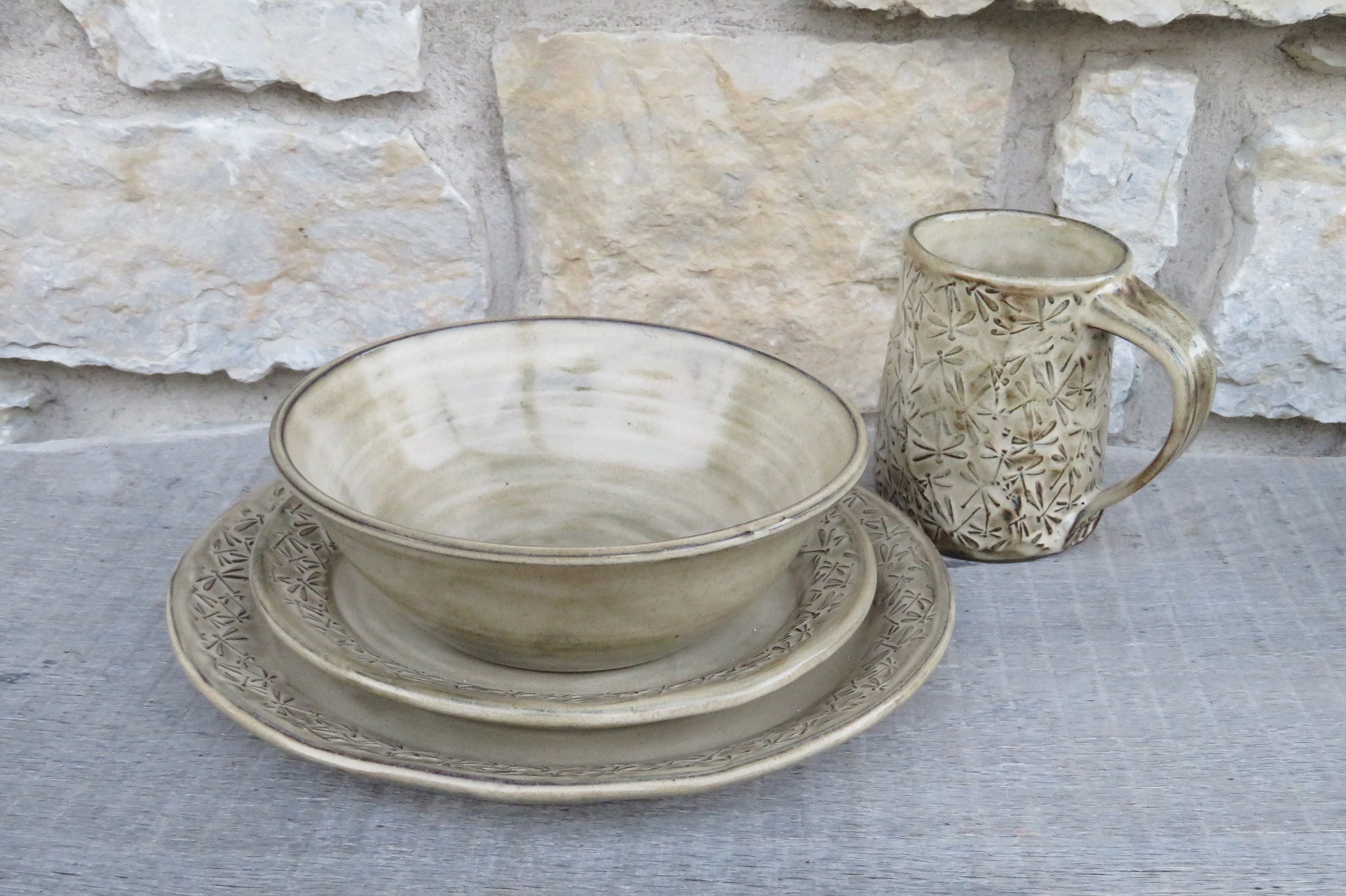 Dragonfly 4pc Pottery Dinnerware Set With Embossed Dragonflies Etsy