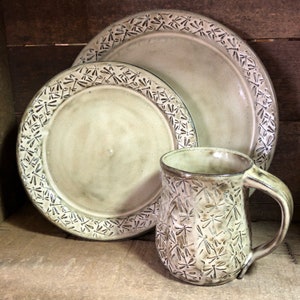 Dragonfly 4pc pottery dinnerware set with embossed dragonflies made to order