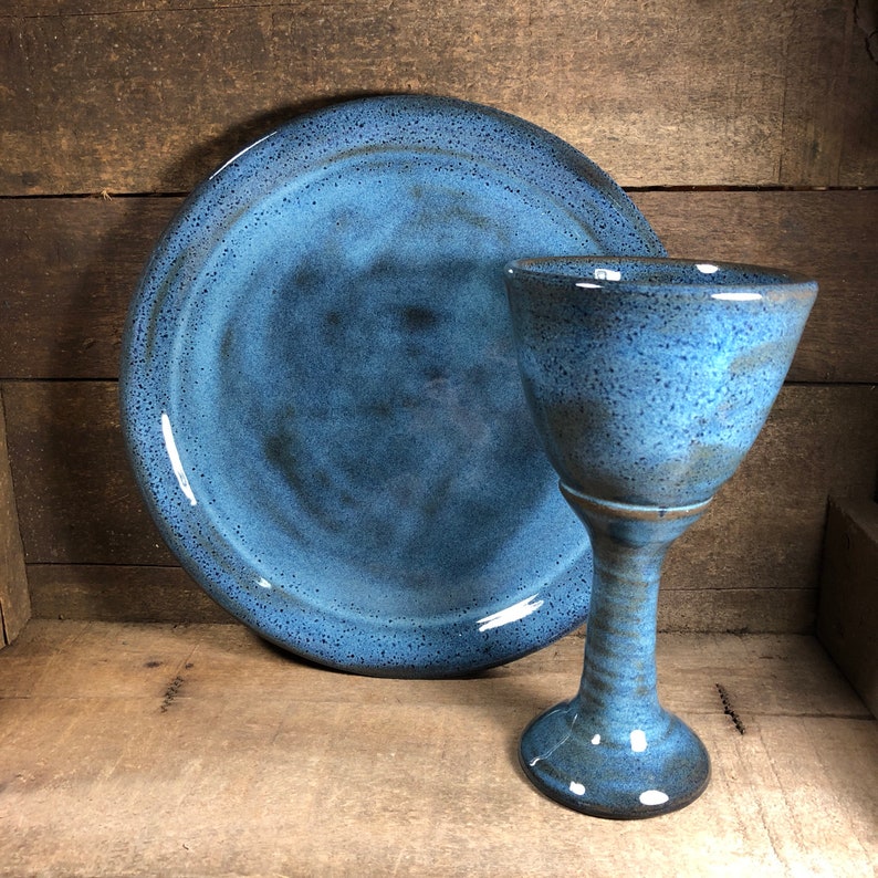 Communion plate and chalice set. Handmade Pottery Made to Order Rutile Blue
