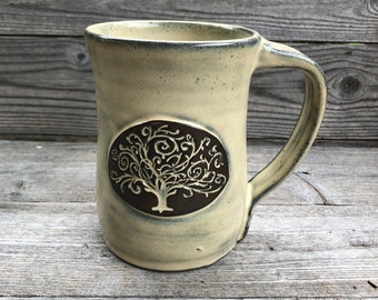 Tree of Life pottery mug, wheel thrown stoneware clay made to order